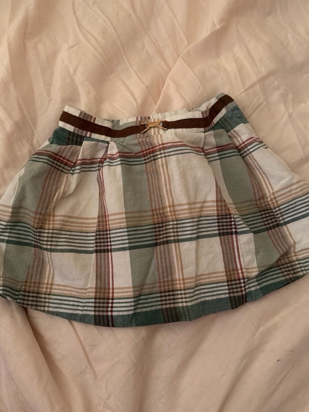 Janie and Jack Green Plaid Pleated Skirt with Brown Belt